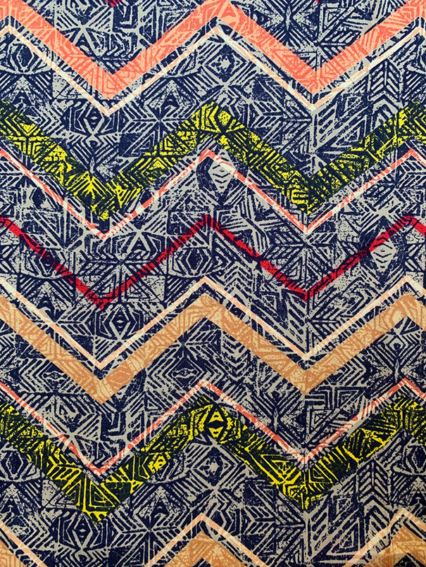 Beige and Navy Aztec Multi Print Rayon Challis Fabric