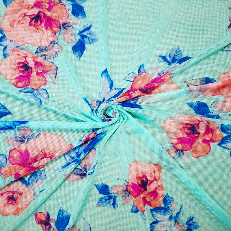 Aqua Teal-Multi Poly Stretch Spandex Floral Printed Mesh Knit Fabric
