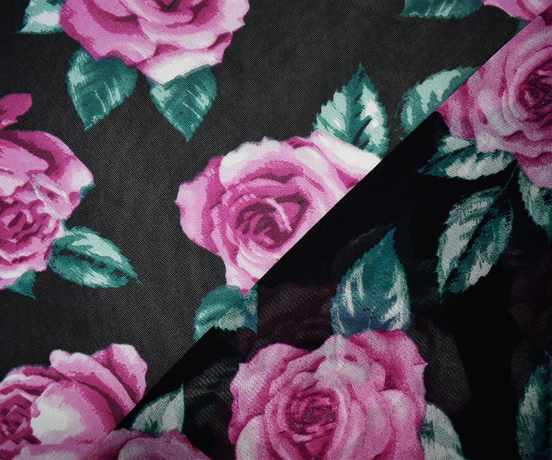 Black-Multi Poly Stretch Spandex Floral Printed Mesh Knit Fabric
