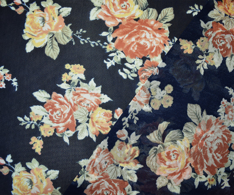 Deep Blue-Multi Poly Stretch Floral Printed Mesh Knit Fabric