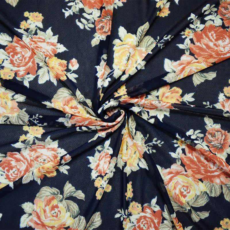 Deep Blue-Multi Poly Stretch Floral Printed Mesh Knit Fabric