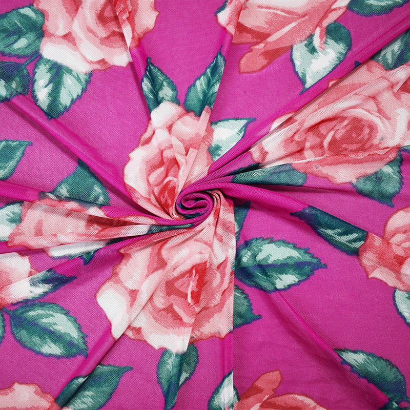 Pink-Multi Poly Stretch Spandex Floral Printed Mesh Knit Fabric