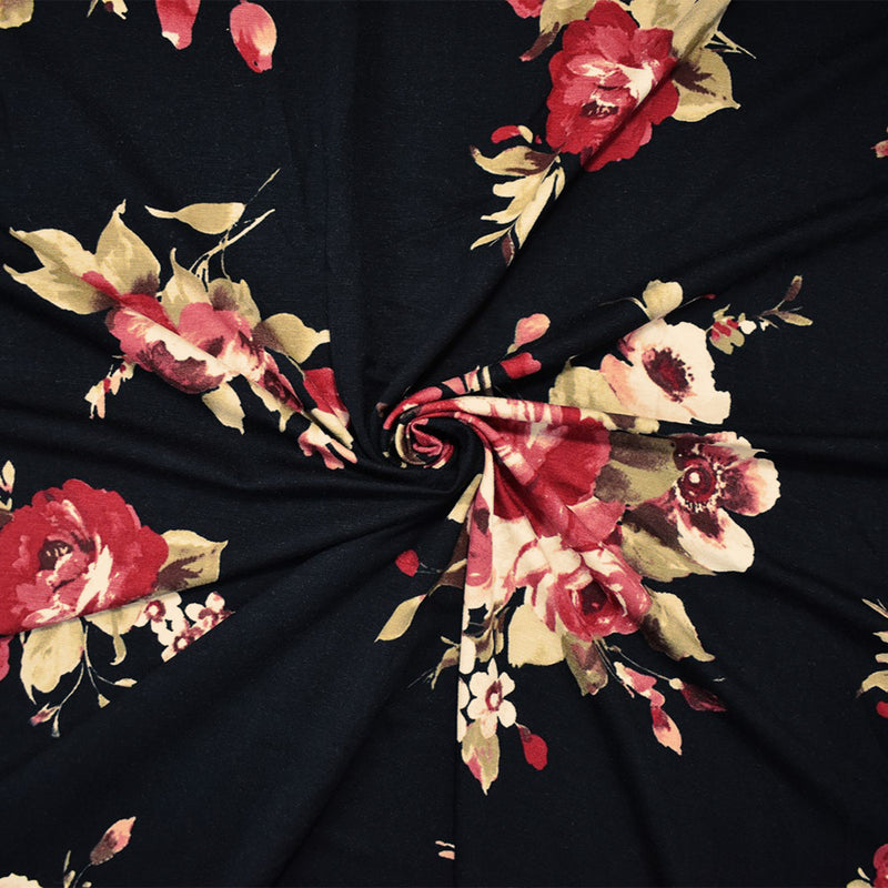 Black-Multi Rayon Stretch Spandex Floral Print Jersey Knit Fabric
