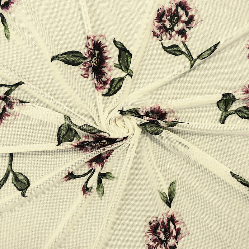 Ivory-Multi Poly Stretch Spandex Floral Printed Mesh Knit Fabric