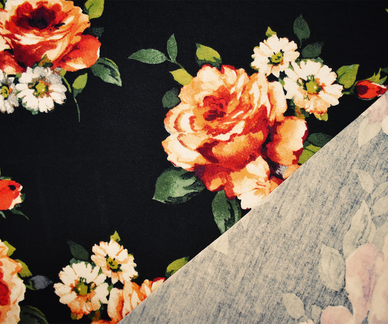 Black-Multi Rayon Stretch Spandex Floral Print Jersey Knit Fabric