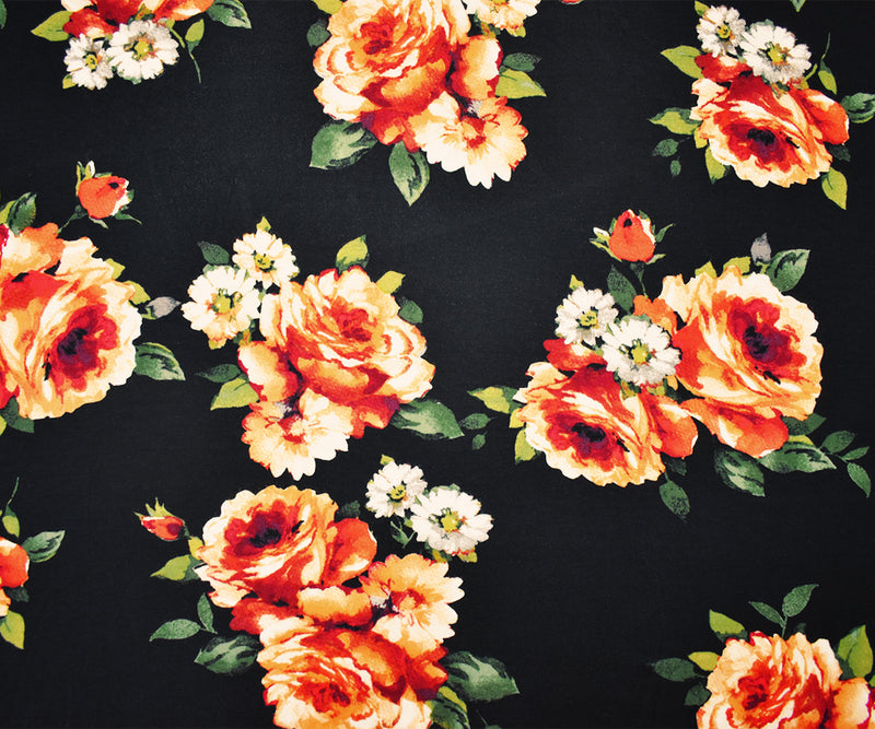 Black-Multi Rayon Stretch Spandex Floral Print Jersey Knit Fabric