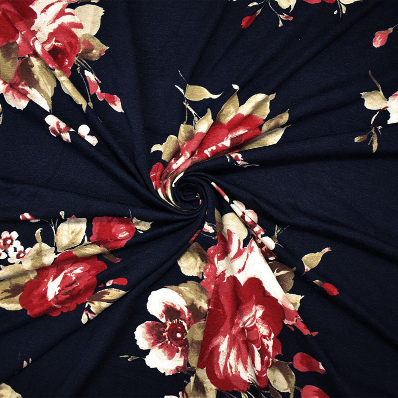 Blue-Red-Multi Stretch Spandex Floral Printed Jersey Knit Fabric