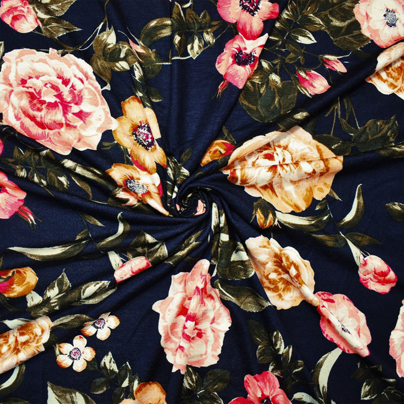Blue-Multi Rayon Stretch Spandex Floral Print Jersey Knit Fabric