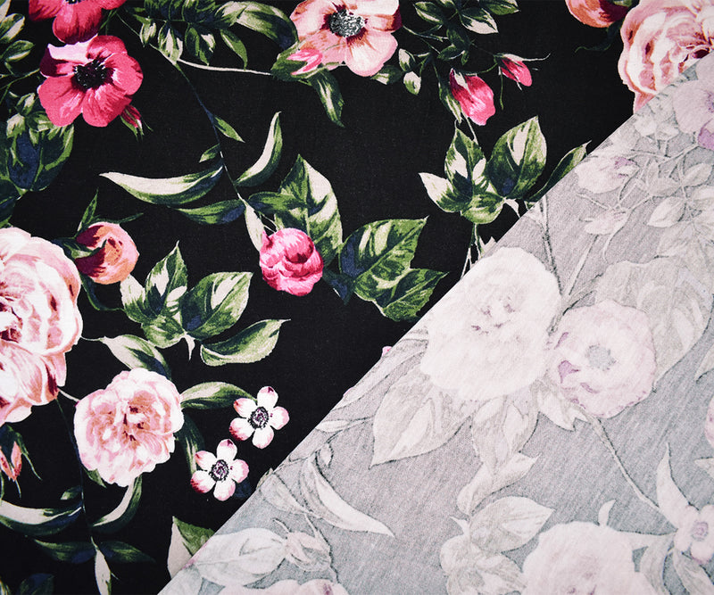 Black-Multi Rayon Stretch Spandex Floral Print Jersey Knit Fabric
