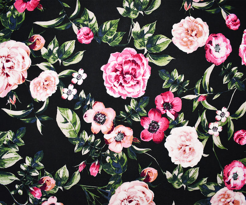 Black-Multi Rayon Stretch Spandex Floral Print Jersey Knit Fabric