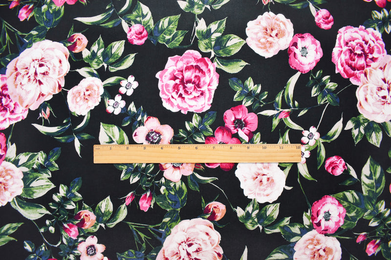 Black-Multi Rayon Stretch Spandex Floral Print Jersey Knit Fabric