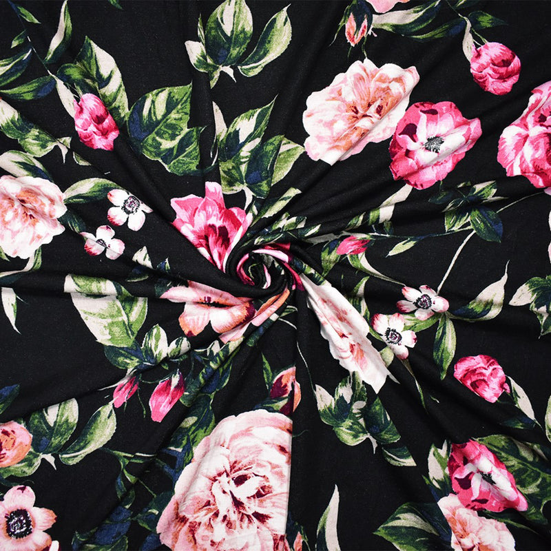 Black-Multi Rayon Stretch Spandex Floral Print Jersey Knit Fabric
