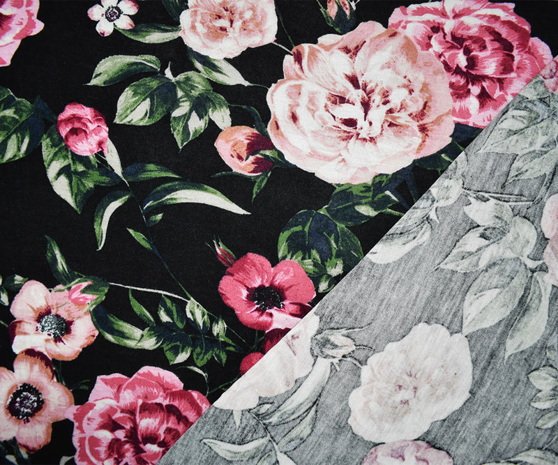 Black-Multi Rayon Stretch Spandex Floral Print Jersey Knit Fabric