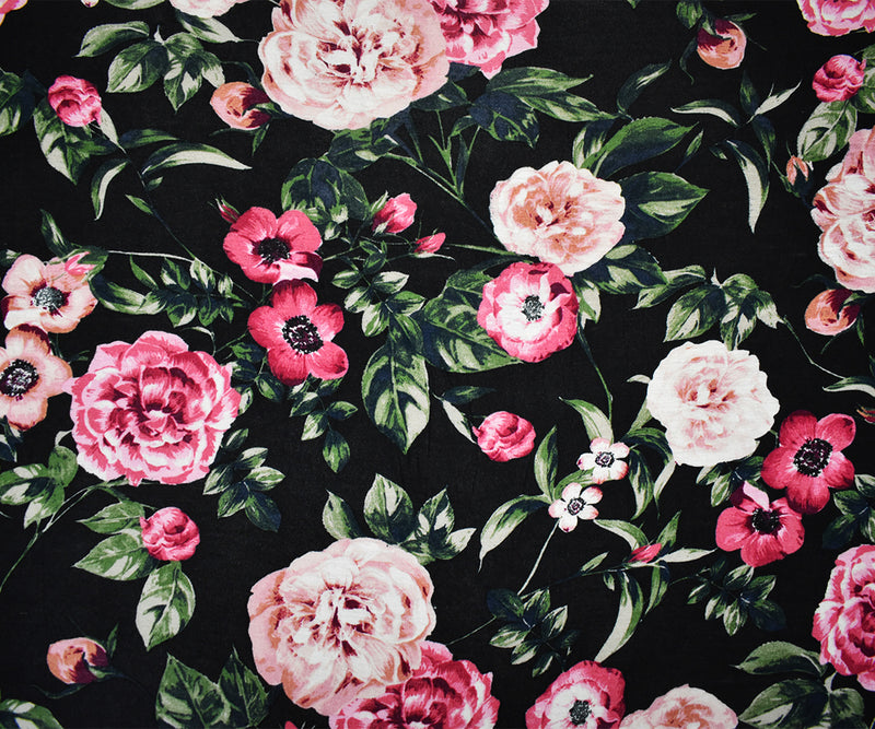 Black-Multi Rayon Stretch Spandex Floral Print Jersey Knit Fabric