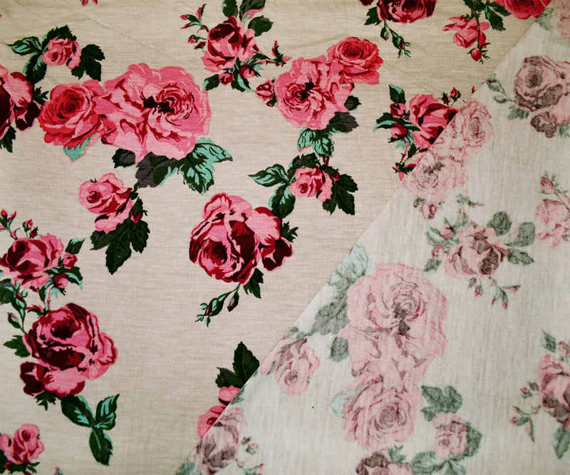 Beige-Multi Rayon Stretch Spandex Floral Print Jersey Knit Fabric