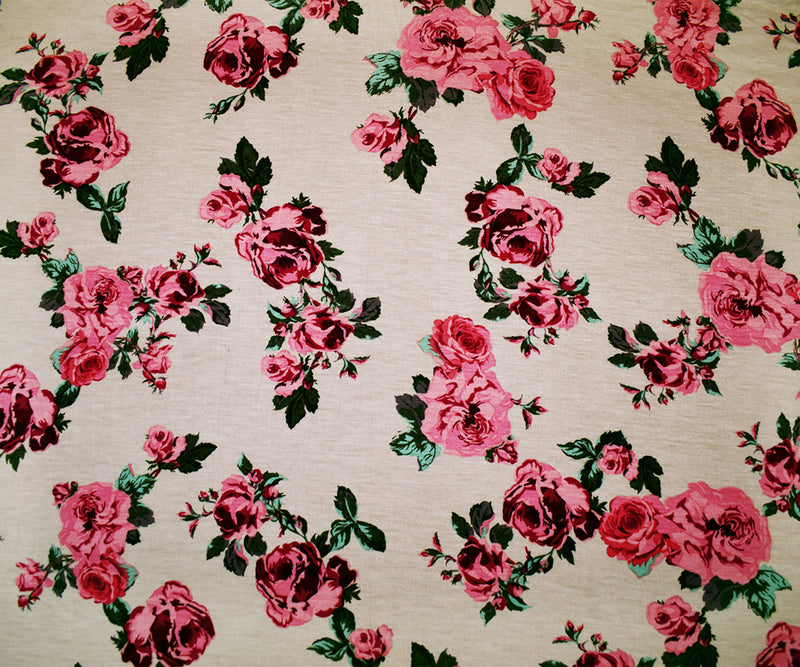 Beige-Multi Rayon Stretch Spandex Floral Print Jersey Knit Fabric