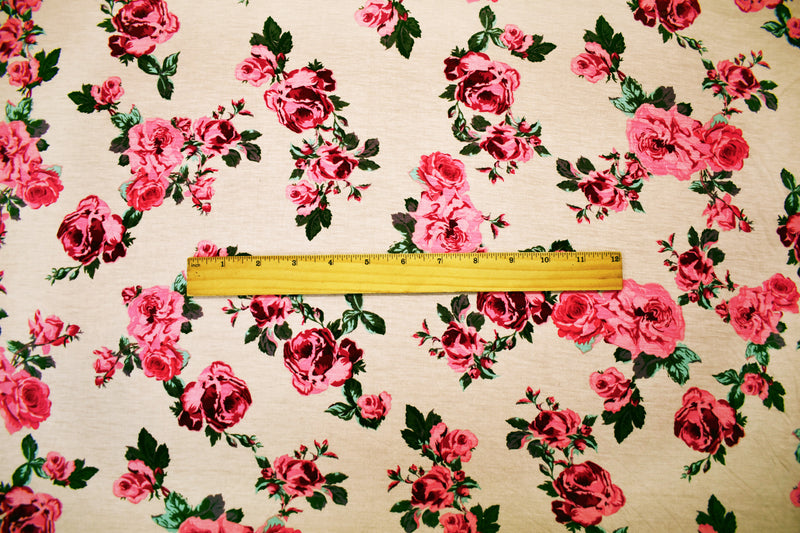 Beige-Multi Rayon Stretch Spandex Floral Print Jersey Knit Fabric