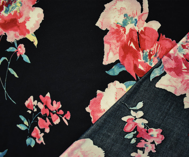 Black-Multi Poly Stretch Floral Printed Brushed Jersey Knit Fabric
