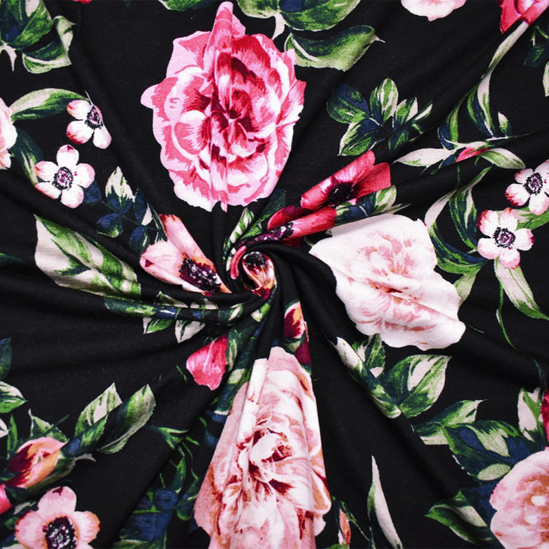 Black-Pink-Multi Rayon Stretch Spandex Floral Jersey Knit Fabric
