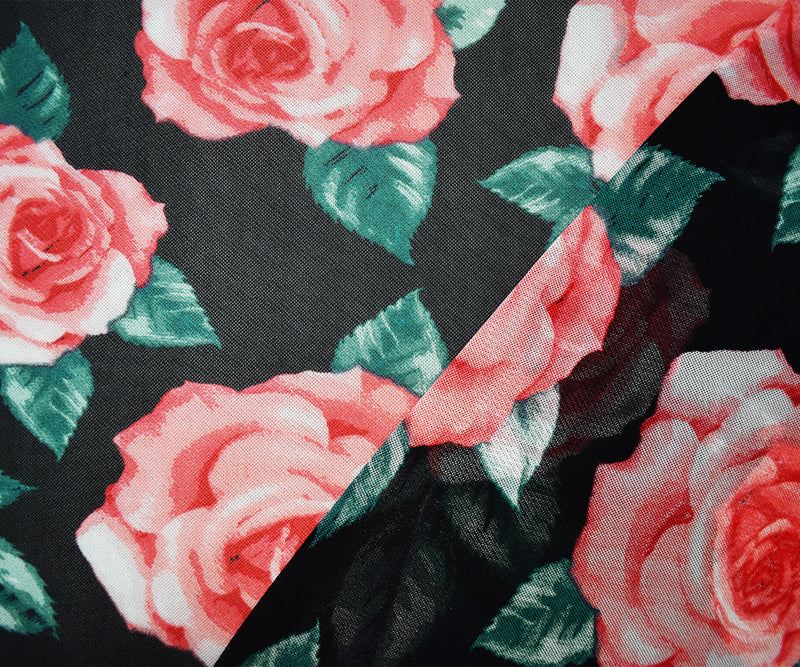 Black-Multi Poly Stretch Spandex Floral Printed Mesh Knit Fabric