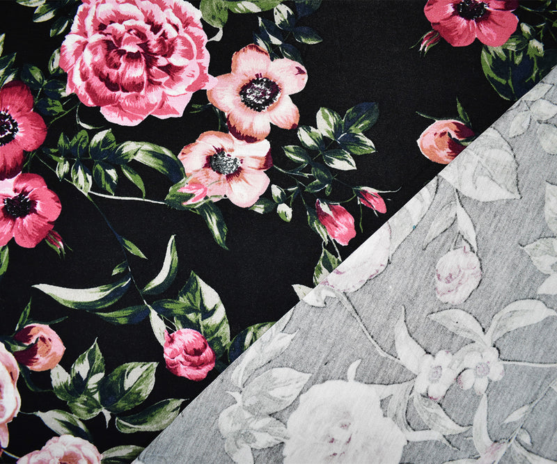 Black-Multi Rayon Stretch Spandex Floral Printed Jersey Knit Fabric
