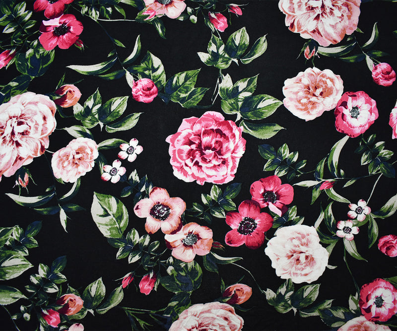 Black-Multi Rayon Stretch Spandex Floral Printed Jersey Knit Fabric