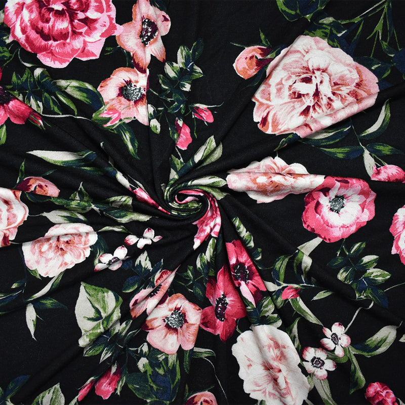 Black-Multi Rayon Stretch Spandex Floral Printed Jersey Knit Fabric
