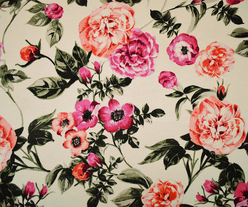 Ivory-Multi Rayon Stretch Spandex Floral Print Jersey Knit Fabric