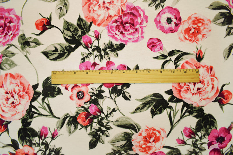 Ivory-Multi Rayon Stretch Spandex Floral Print Jersey Knit Fabric