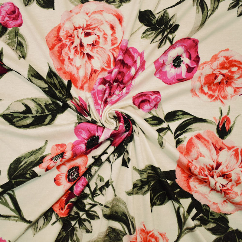 Ivory-Multi Rayon Stretch Spandex Floral Print Jersey Knit Fabric