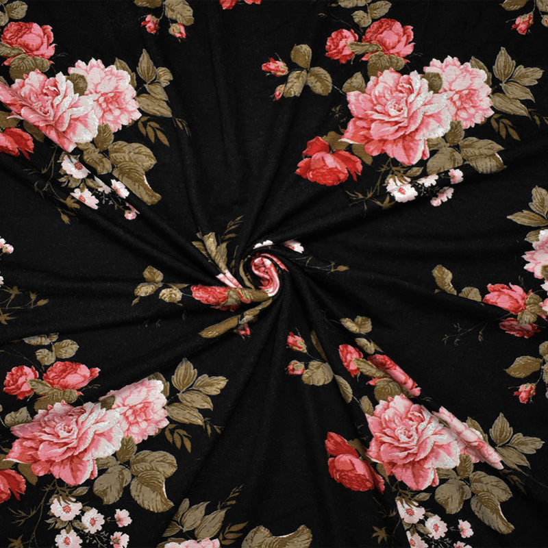 Black-Multi Rayon Stretch Spandex Floral Print Jersey Knit Fabric