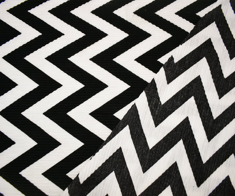 Black-White Poly Stretch Spandex Chevron Print Pleat Interlock Knit Fabric
