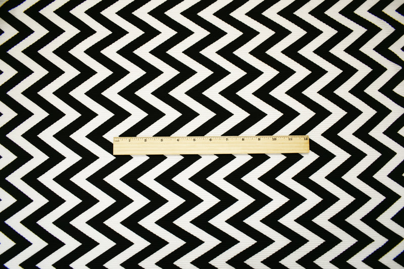 Black-White Poly Stretch Spandex Chevron Print Pleat Interlock Knit Fabric