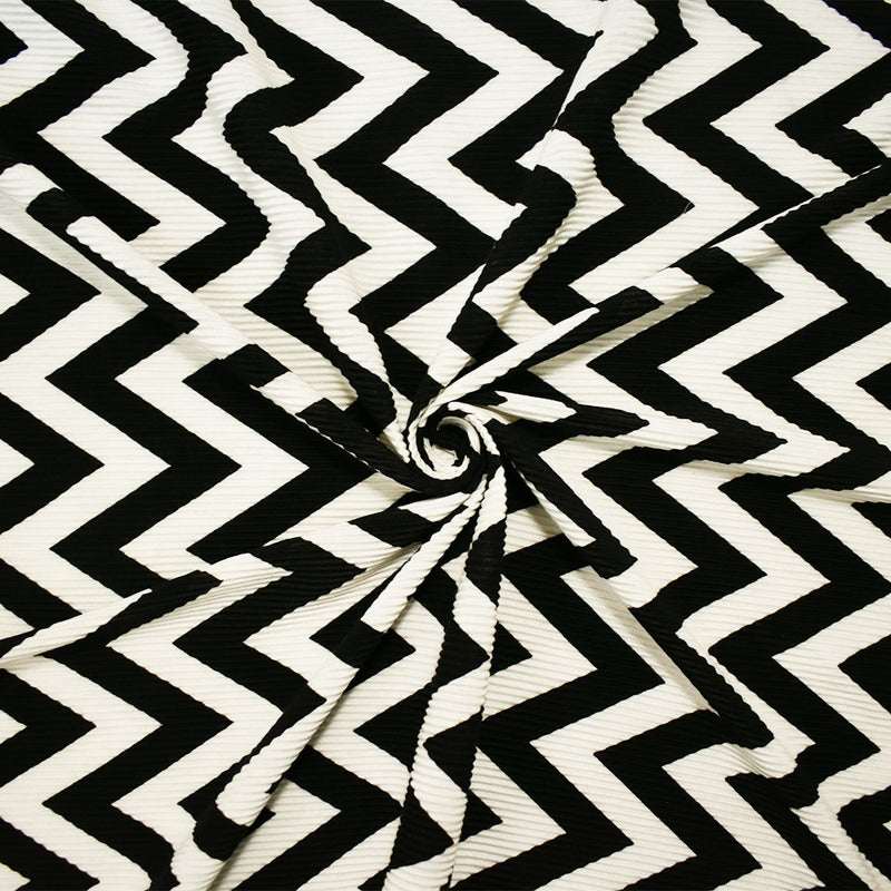 Black-White Poly Stretch Spandex Chevron Print Pleat Interlock Knit Fabric