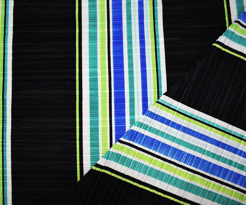 Black-Multi Poly Stretch Spandex Stripe Print Pleated Interlock Knit Fabric
