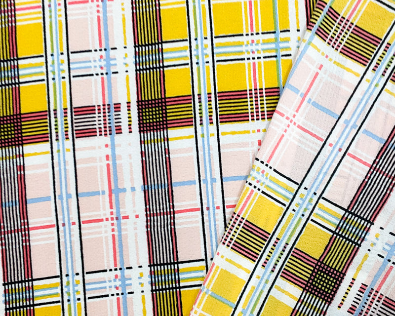 Yellow-Pink-Multi Poly Plaid Printed Pebble Crepe Woven Fabric