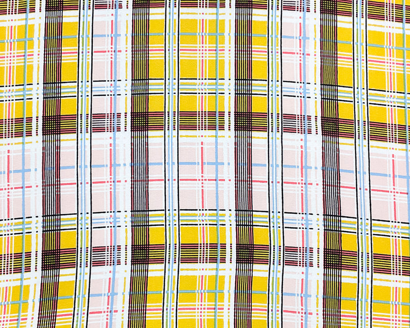 Yellow-Pink-Multi Poly Plaid Printed Pebble Crepe Woven Fabric