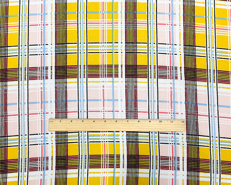 Yellow-Pink-Multi Poly Plaid Printed Pebble Crepe Woven Fabric