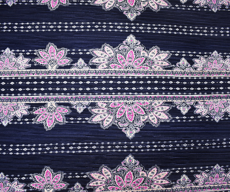 Blue-Multi Poly Stretch Baroque Floral Print Pleated Interlock Knit Fabric