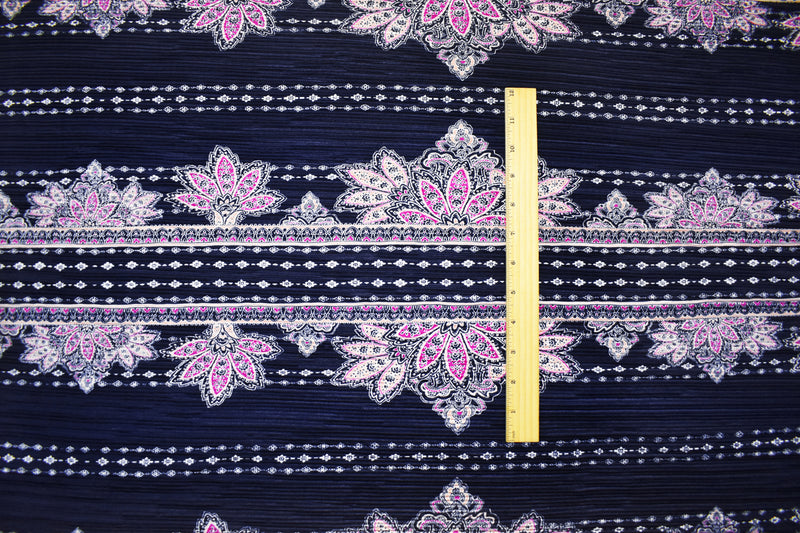 Blue-Multi Poly Stretch Baroque Floral Print Pleated Interlock Knit Fabric