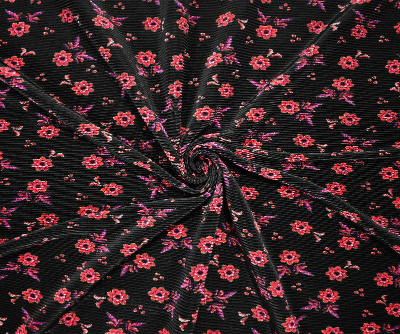 Black-Multi Poly Stretch Spandex Floral Print Pleated Interlock Knit Fabric
