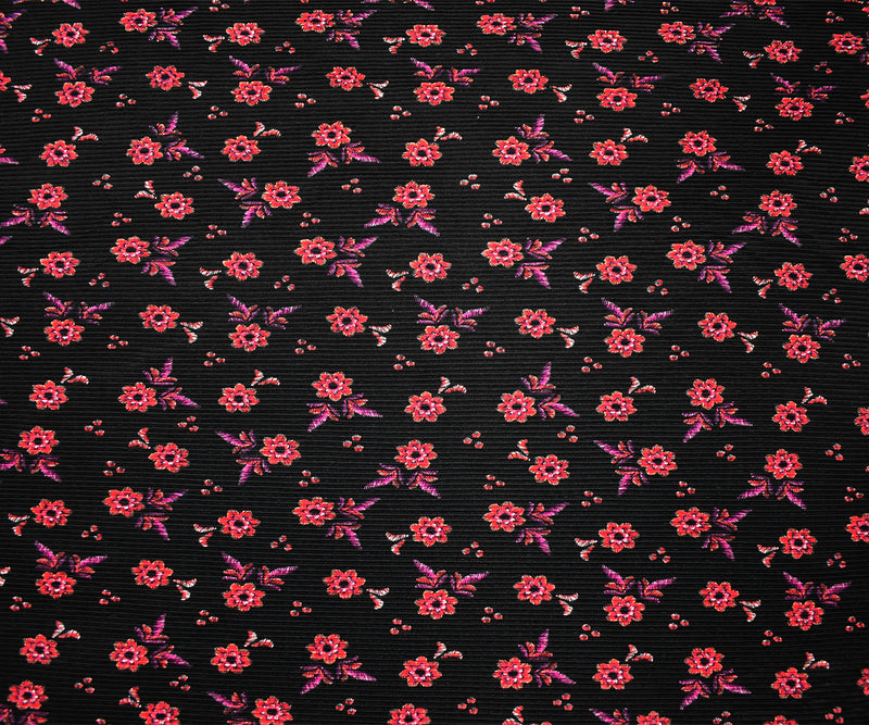 Black-Multi Poly Stretch Spandex Floral Print Pleated Interlock Knit Fabric