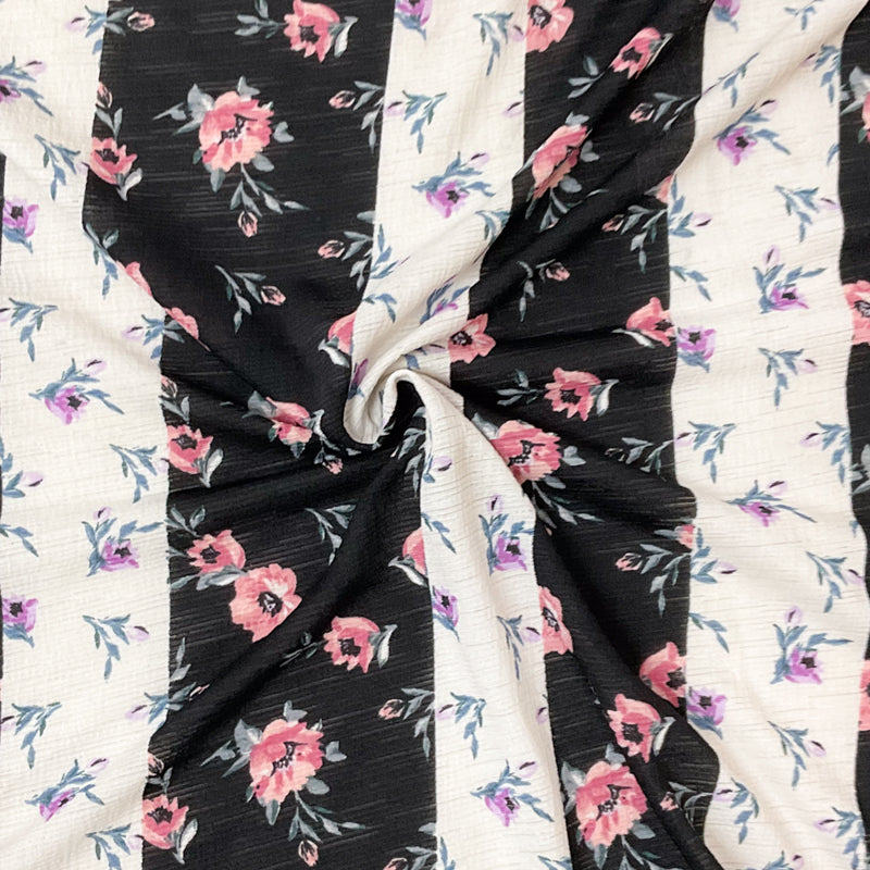 Black-White-Multi Poly Floral Print Slub Knit Fabric