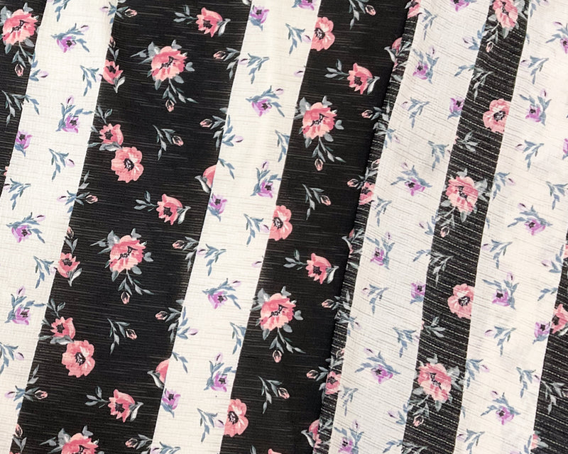 Black-White-Multi Poly Floral Print Slub Knit Fabric