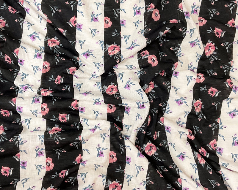 Black-White-Multi Poly Floral Print Slub Knit Fabric