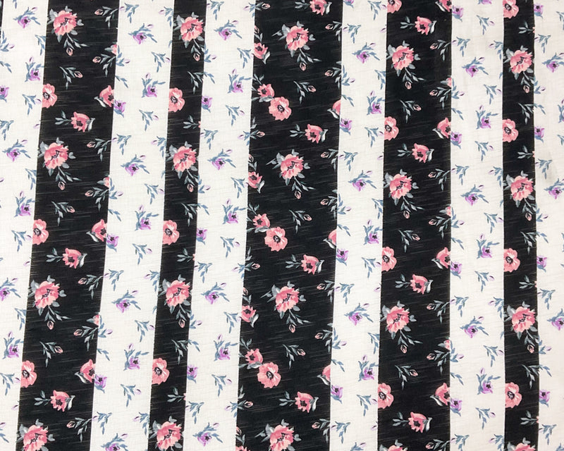 Black-White-Multi Poly Floral Print Slub Knit Fabric