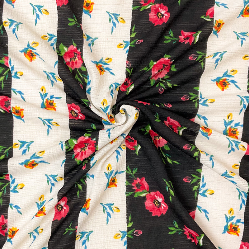 Black-Multi Poly Stretch Floral Print Slub Knit Fabric