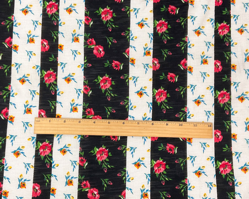 Black-Multi Poly Stretch Floral Print Slub Knit Fabric