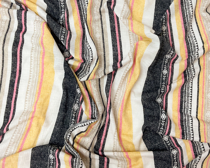 2 3/4 YD PC-Yellow-Beige-Multi Poly Stretch Stripe Printed Slub Knit Fabric