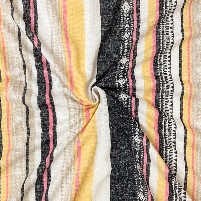 2 3/4 YD PC-Yellow-Beige-Multi Poly Stretch Stripe Printed Slub Knit Fabric